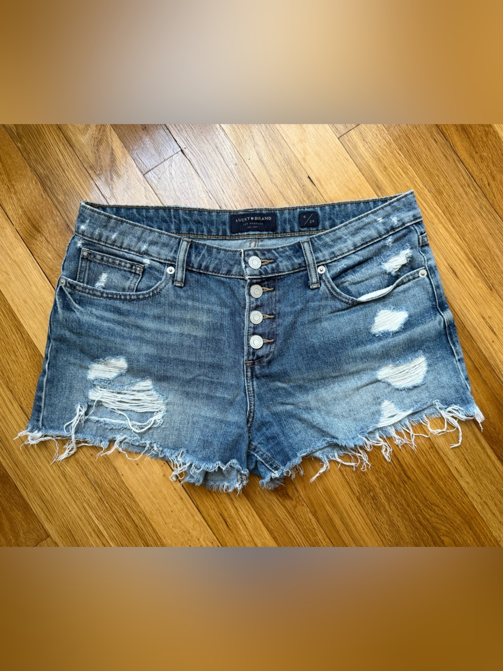 Lucky Brand Distressed Button-Front Denim Shorts - Blue